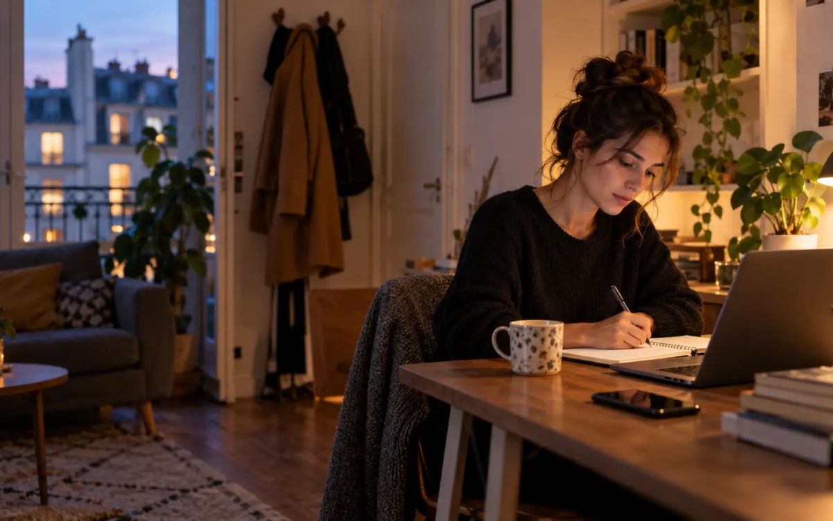 Entrepreneuse développant un side project le soir depuis son domicile