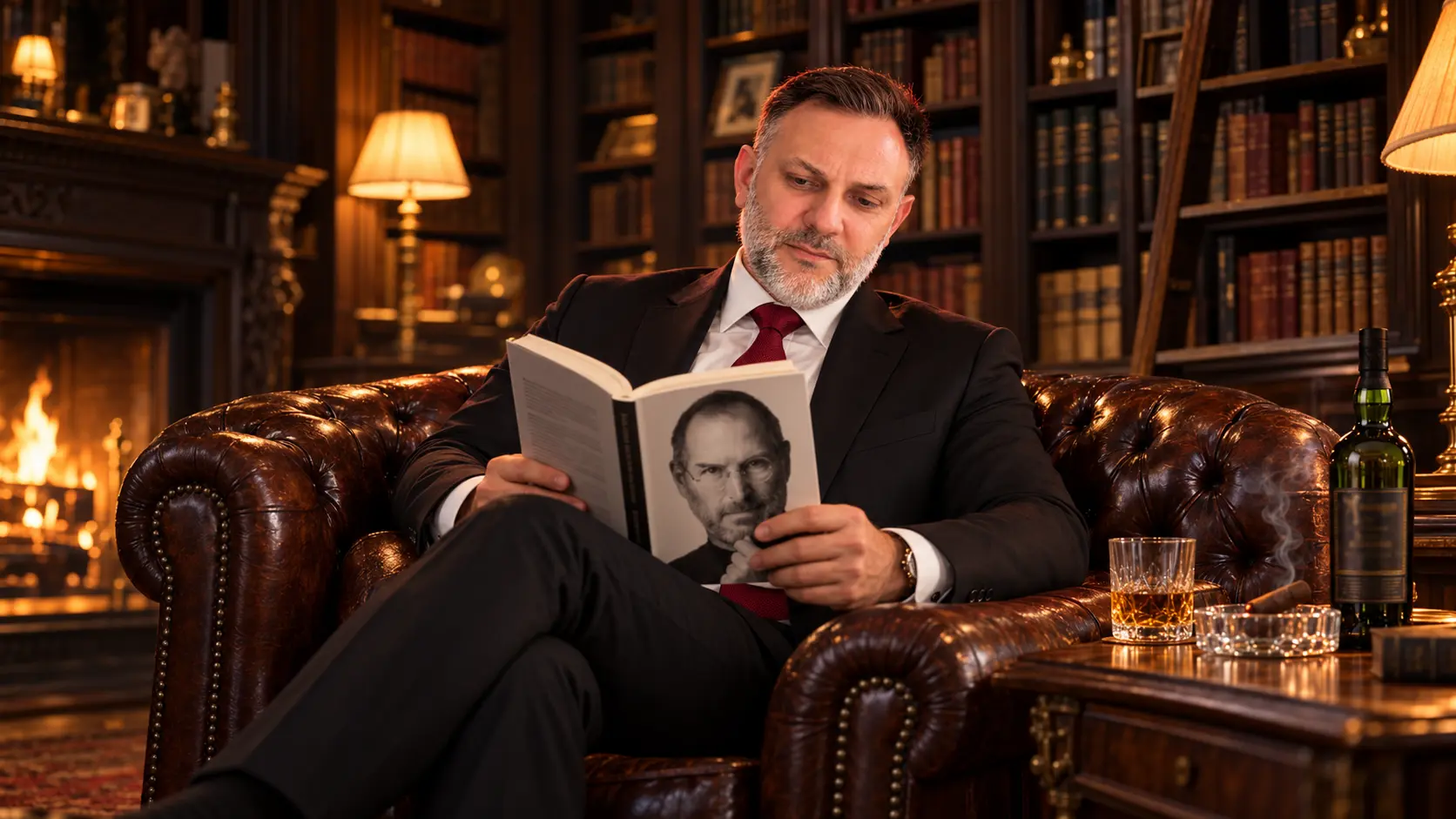 Entrepreneur lisant la biographie de Steve Jobs dans une bibliothèque privée